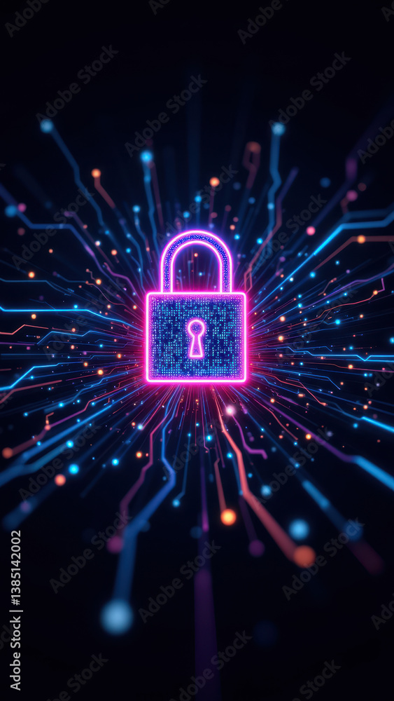 Poster an emblematic representation of cybersecurity with a glowing lock symbol amidst network circuitry.