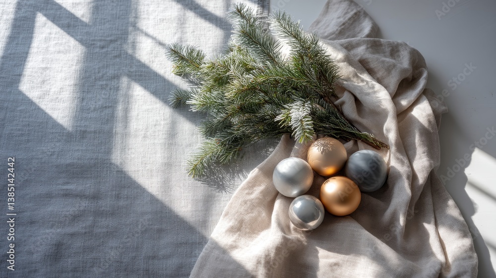 Poster a bundle of pine branches dusted with frost rests on soft linen fabric, revealing delicate ornaments