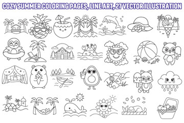 Cozy summer coloring pages, Line art vector illustration, bold and easy coloring page.  