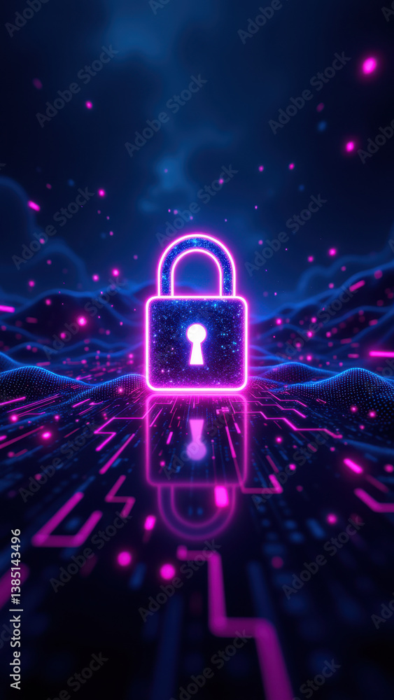 Poster digital cybersecurity lock symbolizing secure online data protection.