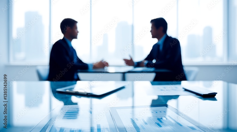 Poster a financial planner and client discuss investment strategies in a contemporary office setting, with 