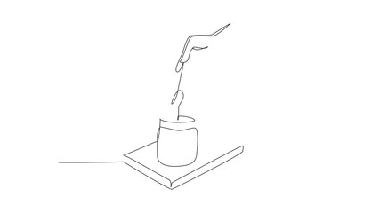 Animated self drawing of single continuous line drawing hand holding a spoon filled with caramel liquid that put into a jar. The sweet taste of pleasure. National Caramel Day. Full length animation