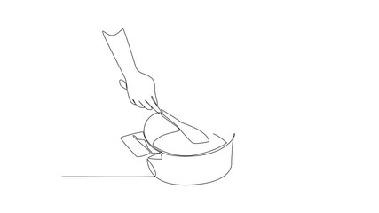 Animation of single continuous line drawing hand stirring a pan of caramel liquid with a large wooden spoon. Homemade caramel. Making the perfect blend. National Caramel Day. Full length motion