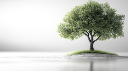 Obraz premium Solitary tree on a miniature island, serene minimalist backdrop, perfect for eco-themed presentations