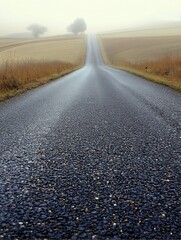 Naklejka premium Road to Horizon: An asphalt road stretches endlessly toward the horizon, guiding the viewer's gaze through a hazy, fog-laden landscape with silhouette trees and golden fields