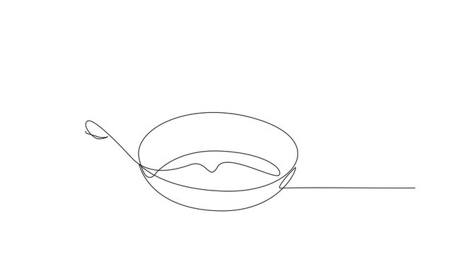 Animated self drawing of single one line drawing hand holding a teflon pan. The best quality of a frying pan. Quick cooking. Very easy to clean. Non-stick. National Teflon Day. Full length animation