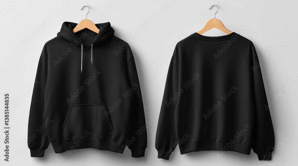 Poster black hoodie hangs on a wooden hanger showcasing front and back views against a minimal white backdr