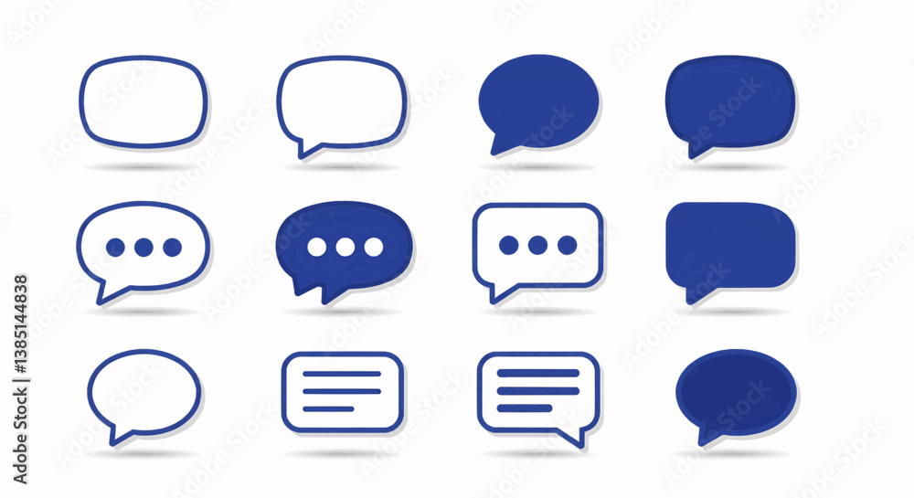 Poster a simple vector illustration of a grid of twelve speech bubbles, drawn in two shades of blue and whi