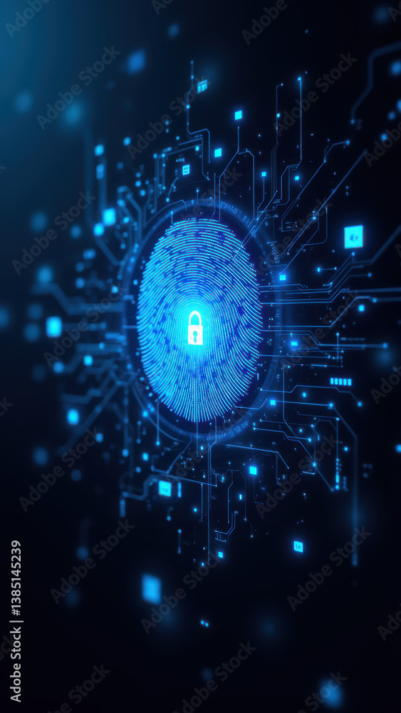 Poster cybersecurity themed image with a fingerprint lock at the center.