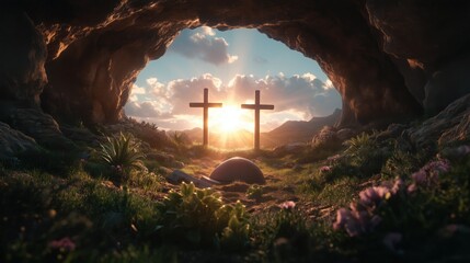 Sunrise illuminates two crosses in a serene cave setting surrounded by nature's beauty