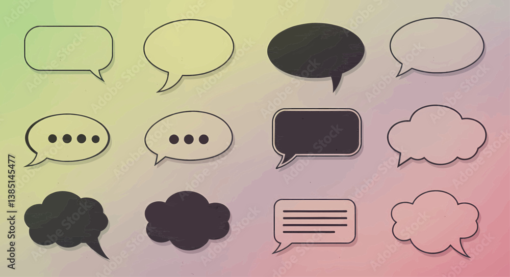 Poster a grid of twelve speech bubbles, drawn in a soft pastel style with a slightly rough, grainy texture 