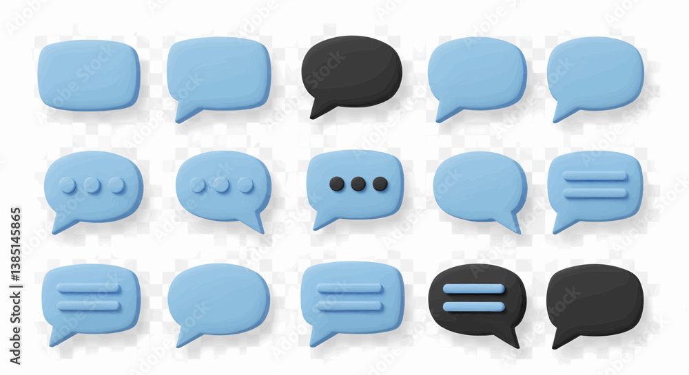 Poster a 3d rendering of a grid of twelve speech bubble icons, each rendered in varying shades of light blu