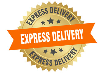 express delivery. express delivery round orange and gold label isolated on transparent background