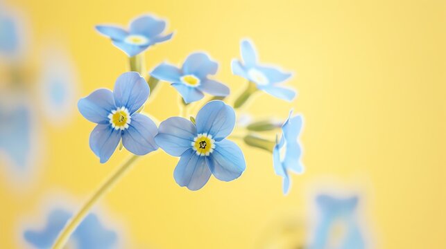 A close-up of a flower in bloom with a blurred background. The flower is blue with a yellow center and has five petals.