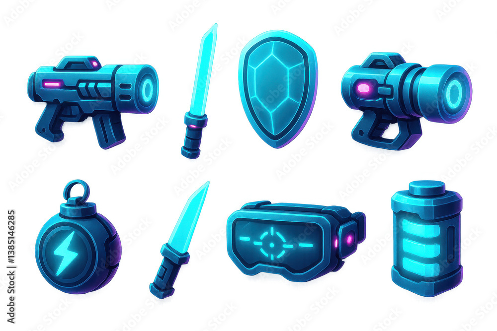 Poster neon futuristic weapon icons set in 3d for game interfaces and design projects