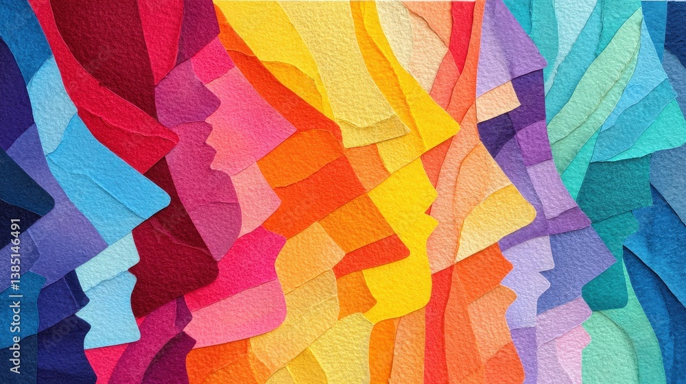 Poster a colorful abstract composition featuring overlapping profiles, symbolizing diversity and unity thro