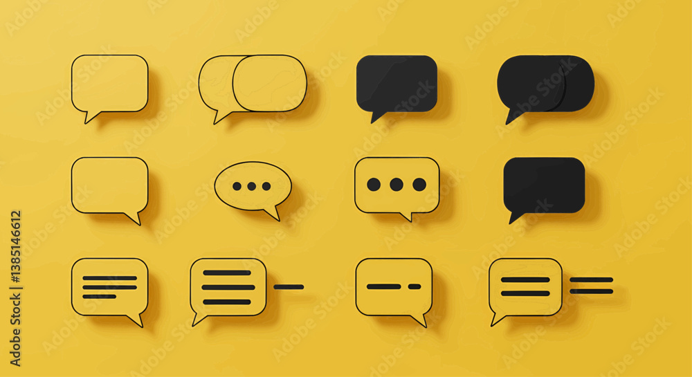 Poster a simple illustration of twelve speech bubbles arranged on a solid yellow background. each speech bu