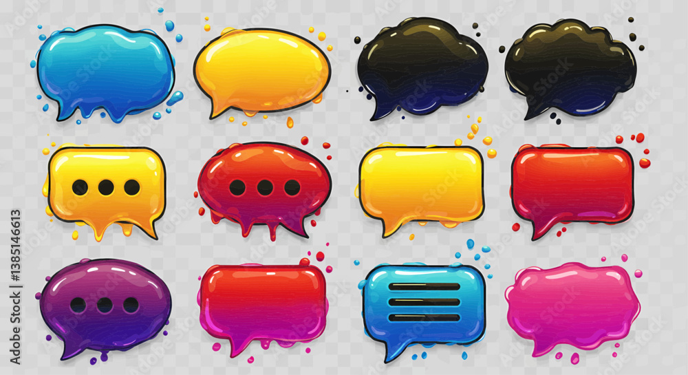 Poster a hyper-realistic image showing a grid of twelve speech bubble icons, rendered in rich colors of dee