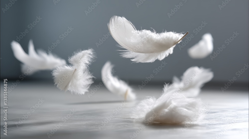 Fototapete multiple delicate white feathers float gracefully in mid-air, illuminated by soft light and casting 