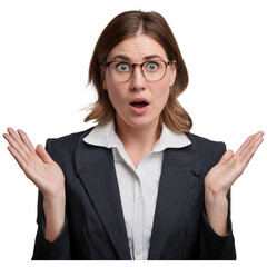 young business woman with hands up, a female secretary wearing glasses with a surprised expression
