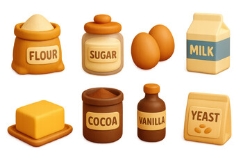 Essential 3d baking ingredients icons: flour, sugar, milk, eggs, butter, cocoa, vanilla, yeast