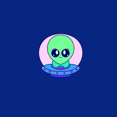 funny green alien face ufo, extra terrestrial cartoon, spaceship