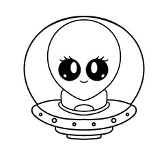 funny green alien face ufo, extra terrestrial cartoon, spaceship