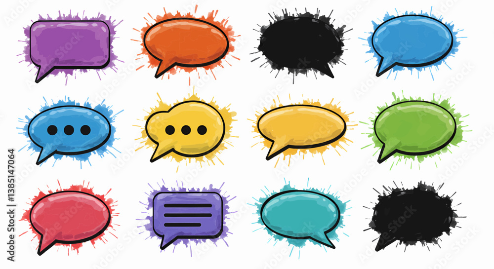 Aufkleber a vibrant and dynamic color palette depicts a grid of twelve speech bubble icons. each bubble is wri