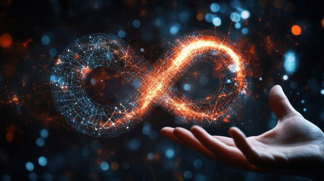Hand holding endless infinity sign of virtual reality metaverse digital innovation game or internet future online simulation media cyber and world communication on connection.