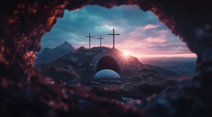 Sunset view of three crosses located on a hill, framed by a natural rock opening in the foreground