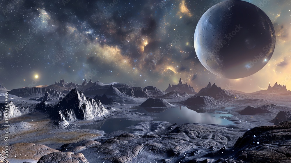 Poster the image is a beautiful landscape of another planet. there is a large moon in the sky and a mountai