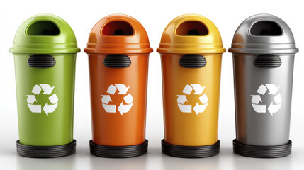 Recycling bins in vibrant colors, including green, orange, yellow, and gray, promote eco friendly waste disposal and sustainability
