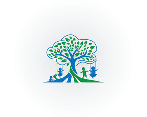 Kids play with tree logo vector icon design template.