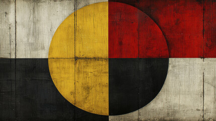 vibrant abstract design featuring large circle divided into four quadrants with colors black, yellow, red, and white, evoking sense of unity