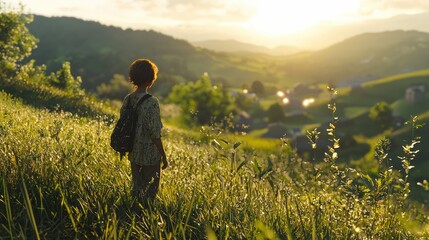 a young boy standing in a field at sunset. 