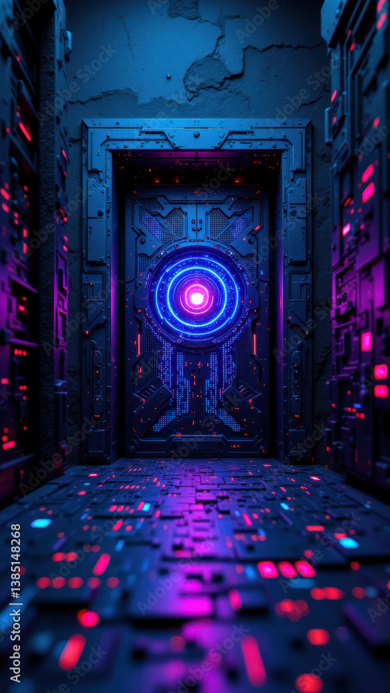 Poster cybersecurity room with futuristic glowing door and circuitry floor, depicting a secure server or da