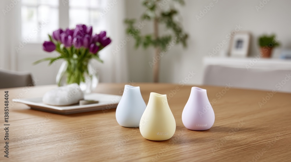 Leinwandbilder three 3d-printed pastel vases sit on a wooden table, illuminated by soft natural light, showcasing t