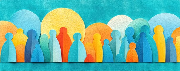 A vibrant, abstract illustration depicting diverse figures in various colors, set against a textured turquoise background, symbolizing unity and community, Diversity Inclusion And Belonging.