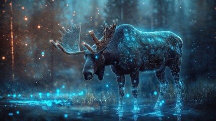Magical Moose in Enchanted Forest, Glowing Water, Fantasy Art