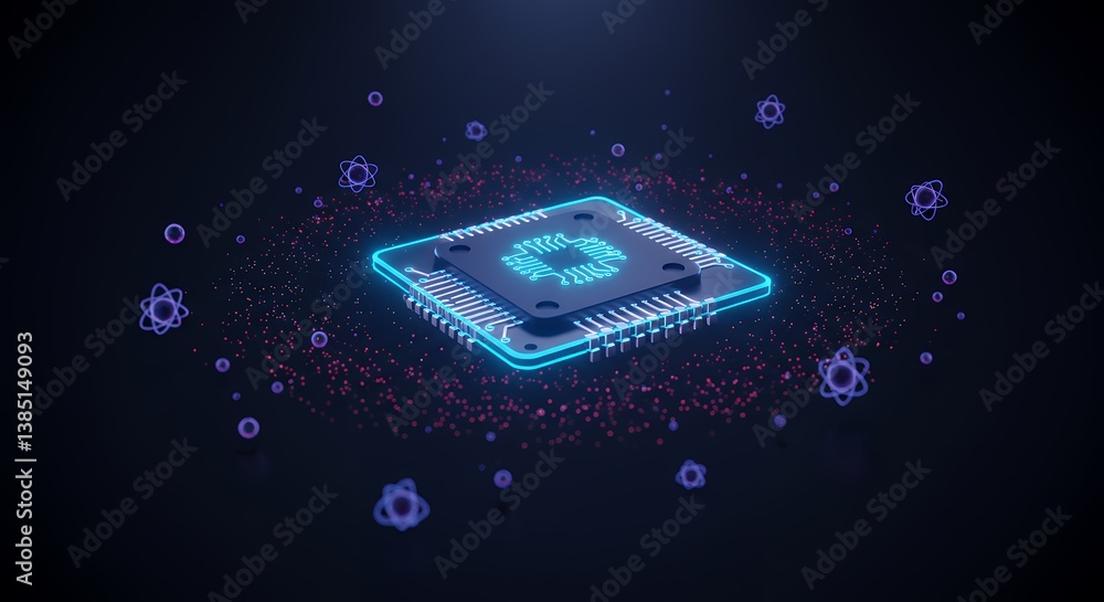 Aufkleber quantum computing concept showcasing a futuristic processor with glowing circuits and atomic particl