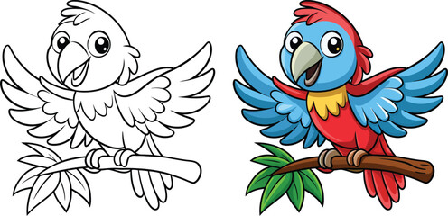 Cartoon parrot on a branch Parrot Coloring Page