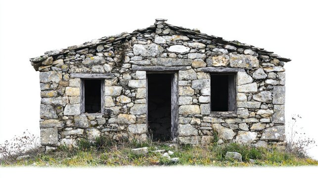 Historic stone ruins home isolated on white background