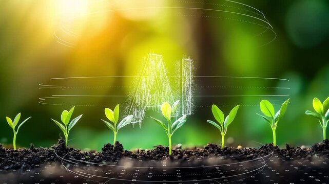 futuristic eco farm environment, seedlings growing with digital growth charts and AI sensors
