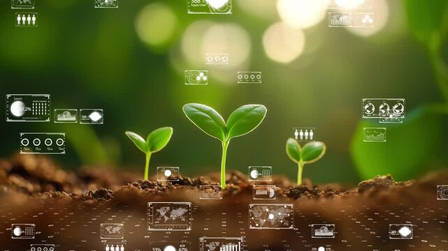 futuristic eco farm environment, seedlings growing with digital growth charts and AI sensors