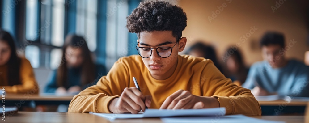 Poster focused student taking exam writing on paper in university classroom