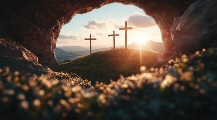 Sunrise illuminating three crosses on a hill in a tranquil rural landscape
