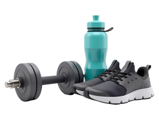 Fitness PNG set: dumbbell, water bottle, and running shoes on transparent background.