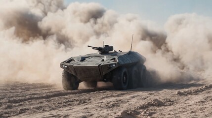 Armored vehicle desert dust cloud military maneuver training