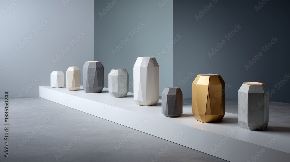 Poster A collection of unique 3D-printed geometric shapes in white and gold is artfully positioned on a clean white shelf, showcasing creativity and modern design