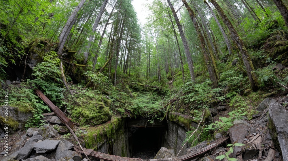 Poster an overgrown railroad tunnel in a dark, misty forest features moss, vines, and soft light breaking t